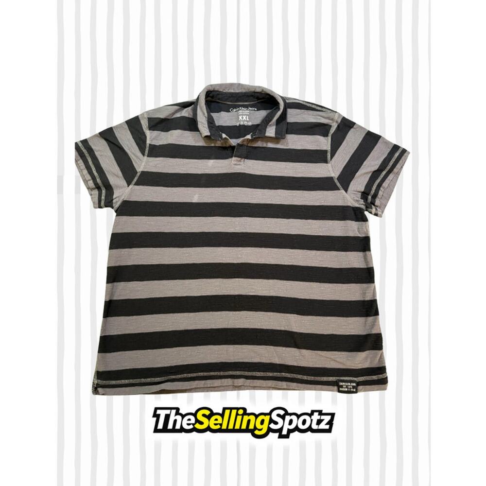 Calvin Klein Jeans Gray Black Striped Polo Shirt Men’s XXL 100% Cotton